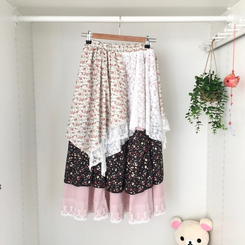 로즈 조각 패치 빈티지 레이어드 밴딩 롱스커트