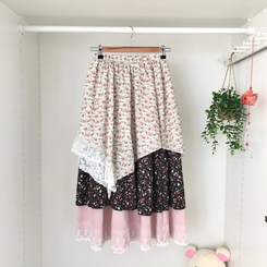 로즈 조각 패치 빈티지 레이어드 밴딩 롱스커트