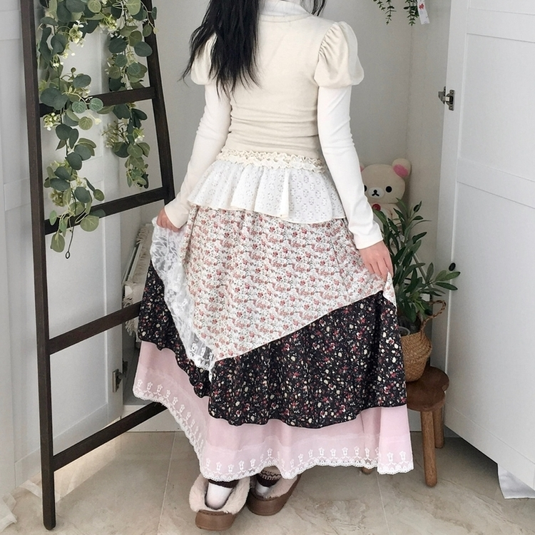 로즈 조각 패치 빈티지 레이어드 밴딩 롱스커트 핑크