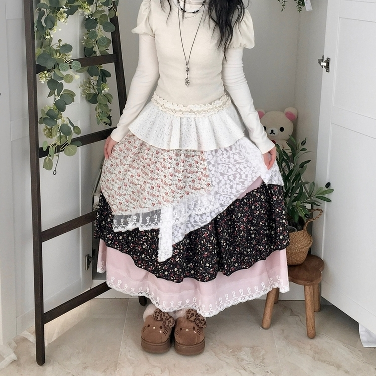 로즈 조각 패치 빈티지 레이어드 밴딩 롱스커트 핑크