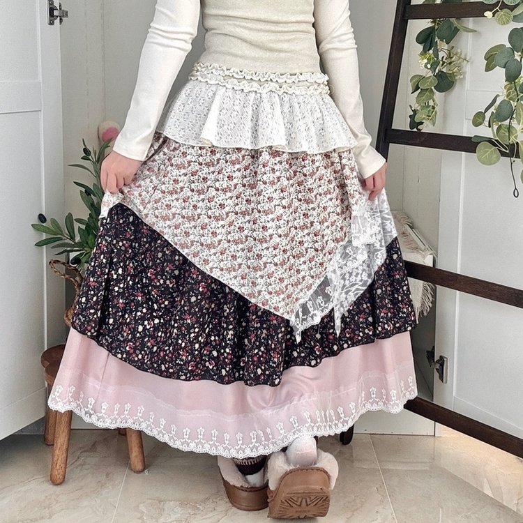 로즈 조각 패치 빈티지 레이어드 밴딩 롱스커트 핑크