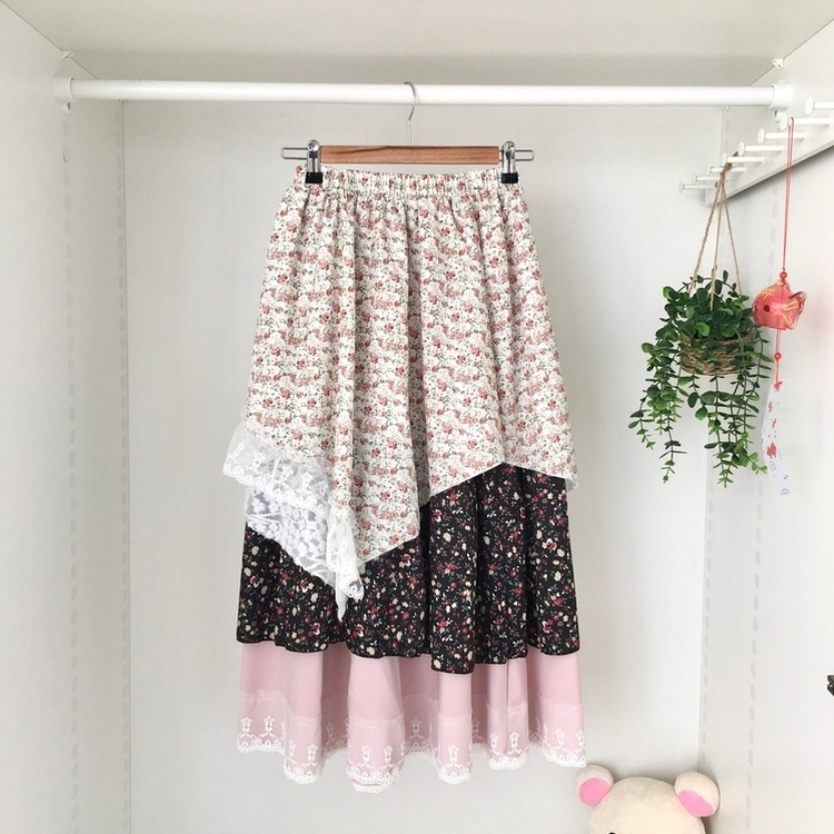 로즈 조각 패치 빈티지 레이어드 밴딩 롱스커트