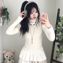 숲속소녀 부들부들 레이어드 캉캉 프릴 반팔티셔츠 프릴 목폴라 긴팔 티셔츠 베이지