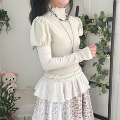 숲속소녀 부들부들 레이어드 캉캉 프릴 반팔티셔츠 프릴 목폴라 긴팔 티셔츠 베이지