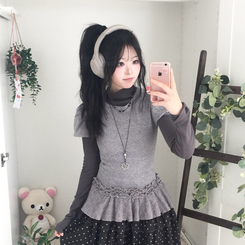 숲속소녀 부들부들 레이어드 캉캉 프릴 반팔티셔츠 프릴 목폴라 긴팔 티셔츠 그레이