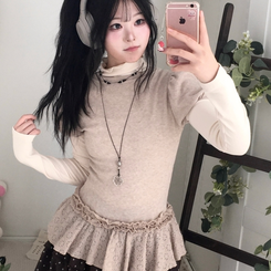 숲속소녀 부들부들 레이어드 캉캉 프릴 반팔티셔츠 프릴 목폴라 긴팔 티셔츠 진베이지