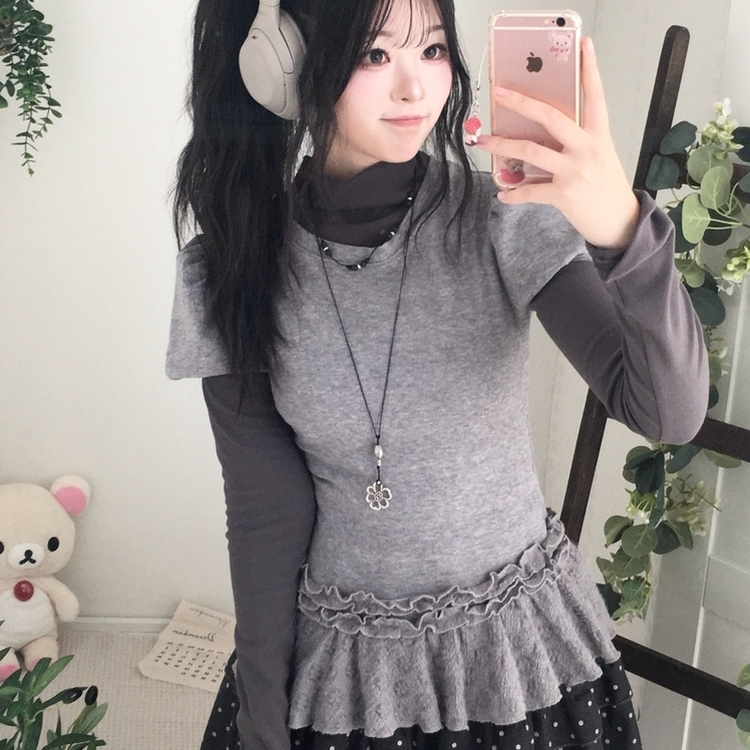 숲속소녀 부들부들 레이어드 캉캉 프릴 반팔티셔츠 프릴 목폴라 긴팔 티셔츠 그레이