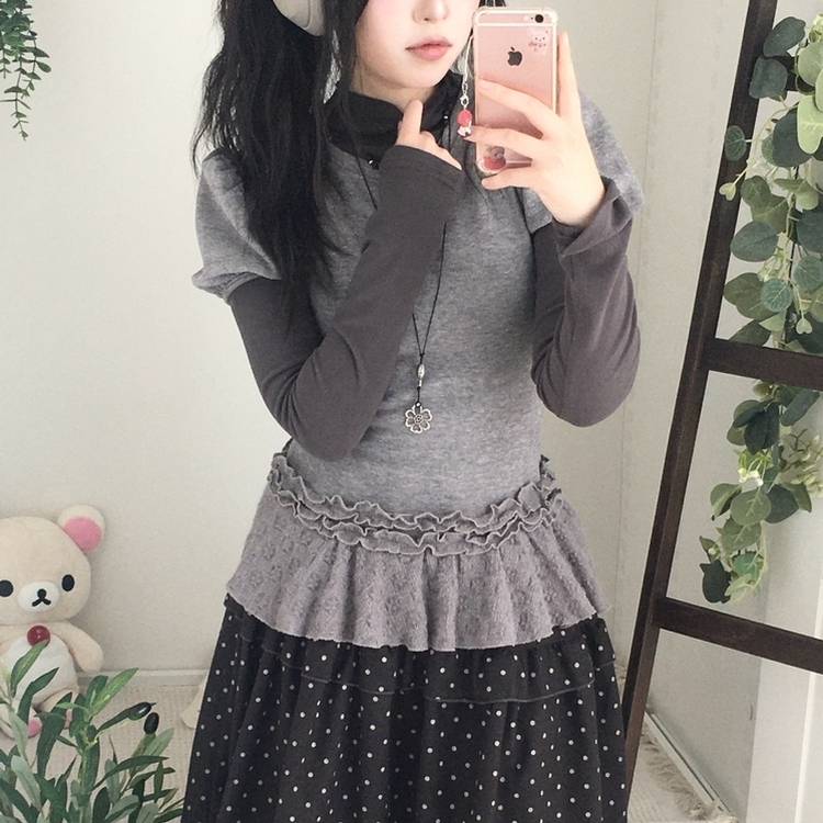 숲속소녀 부들부들 레이어드 캉캉 프릴 반팔티셔츠 프릴 목폴라 긴팔 티셔츠 그레이
