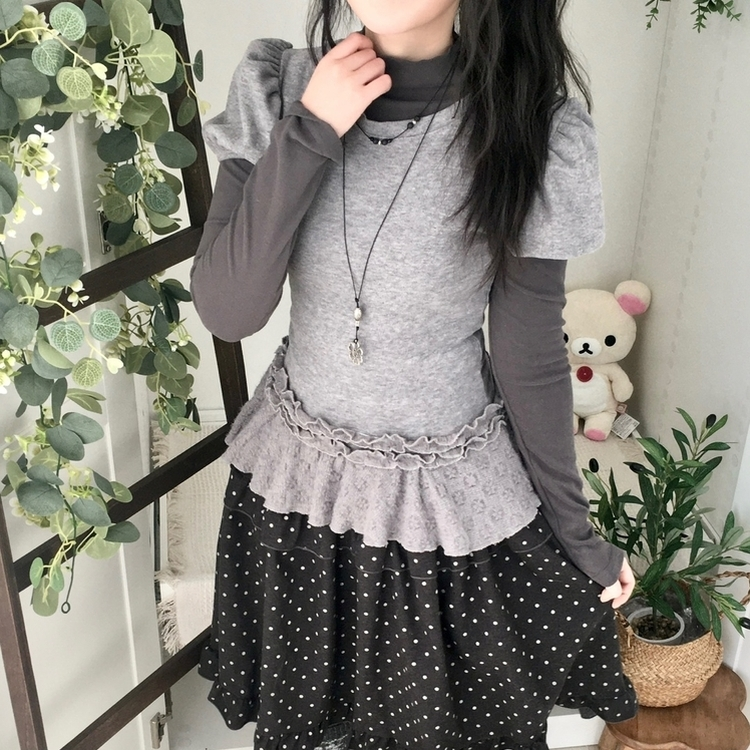 숲속소녀 부들부들 레이어드 캉캉 프릴 반팔티셔츠 프릴 목폴라 긴팔 티셔츠 그레이