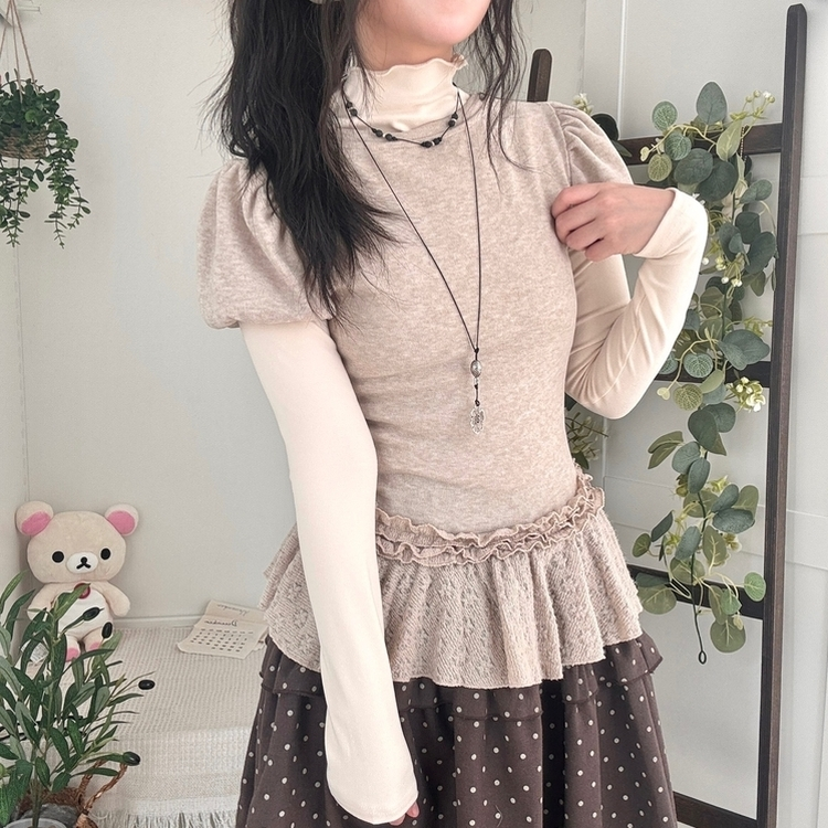 숲속소녀 부들부들 레이어드 캉캉 프릴 반팔티셔츠 프릴 목폴라 긴팔 티셔츠 진베이지