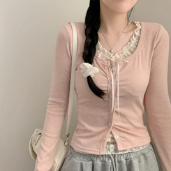 인더 레이스 일체형 긴팔티 긴팔 가디건 봄 봄옷 레이어드 롱슬리브 가을 가을옷 핑크