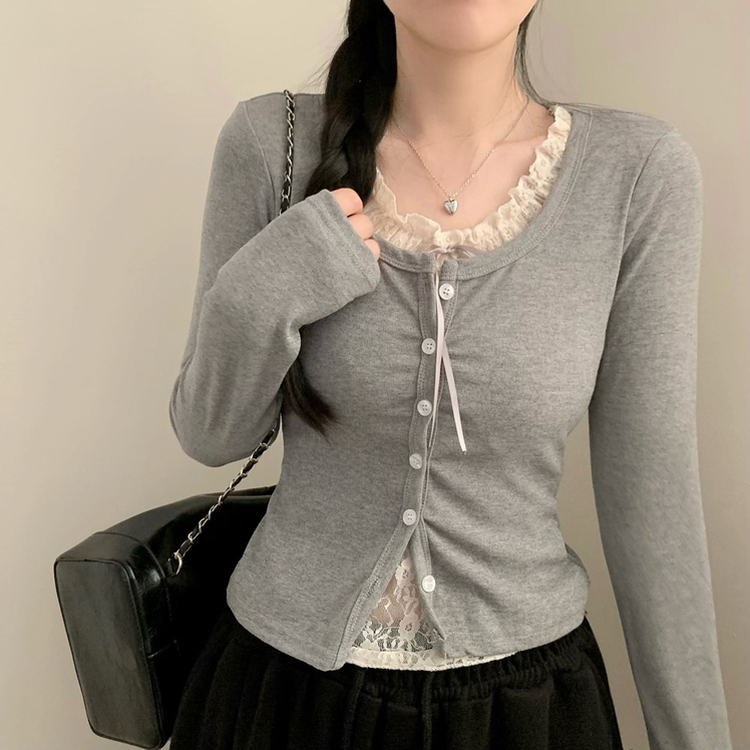 인더 레이스 일체형 긴팔티 긴팔 가디건 봄 봄옷 레이어드 롱슬리브 가을 가을옷 그레이