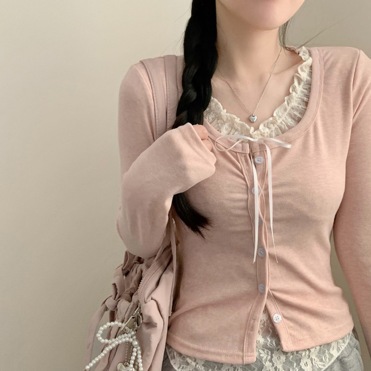 인더 레이스 일체형 긴팔티 긴팔 가디건 봄 봄옷 레이어드 롱슬리브 가을 가을옷 핑크