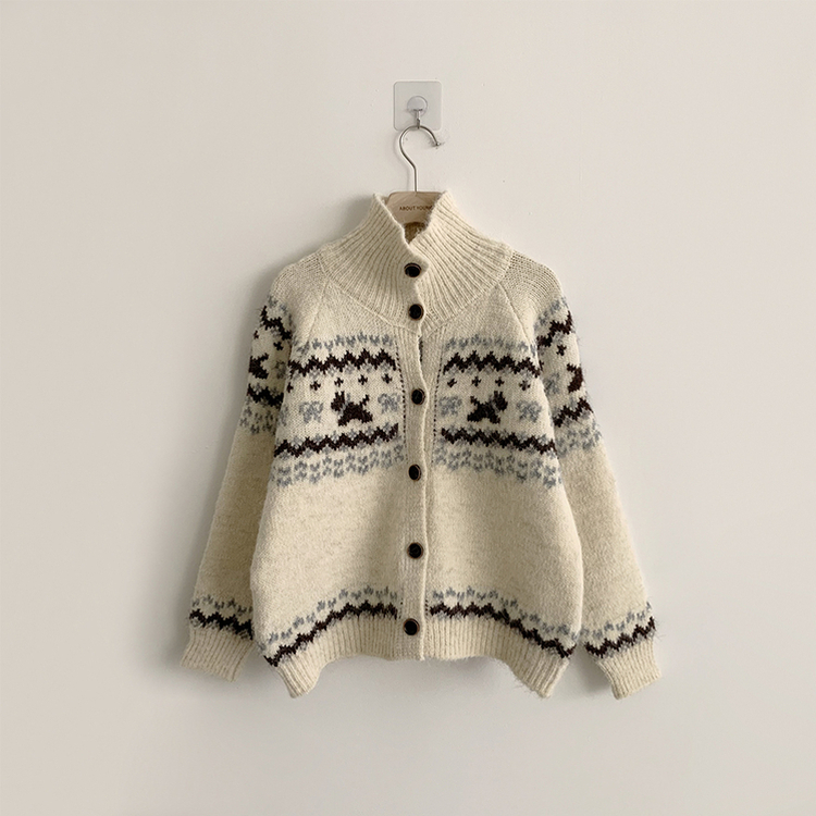 모니모 카라 노르딕 겨울 긴팔 니트 가디건 하이넥 버튼 아우터 오버핏 상의 폴라 루즈핏 울 긴팔티