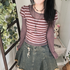 모리걸 앙고라 레이어드 라운드넥 반팔 니트 밤색