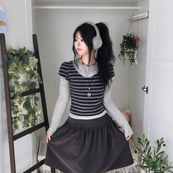 모리걸 앙고라 레이어드 라운드넥 반팔 니트 블랙