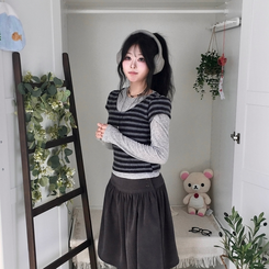 모리걸 앙고라 레이어드 라운드넥 반팔 니트 블랙