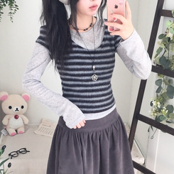 모리걸 앙고라 레이어드 라운드넥 반팔 니트 블랙