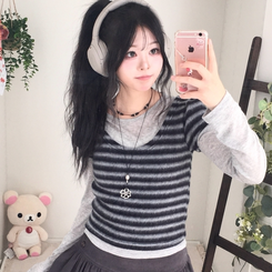 모리걸 앙고라 레이어드 라운드넥 반팔 니트 블랙