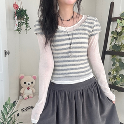 모리걸 앙고라 레이어드 라운드넥 반팔 니트 아이보리