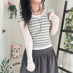 모리걸 앙고라 레이어드 라운드넥 반팔 니트 아이보리