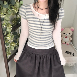 모리걸 앙고라 레이어드 라운드넥 반팔 니트 아이보리