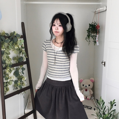 모리걸 앙고라 레이어드 라운드넥 반팔 니트 아이보리