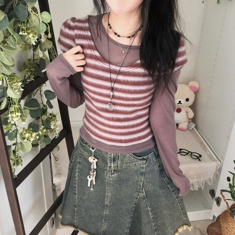 모리걸 앙고라 레이어드 라운드넥 반팔 니트 밤색