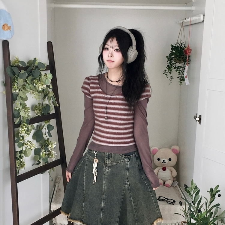 모리걸 앙고라 레이어드 라운드넥 반팔 니트 밤색