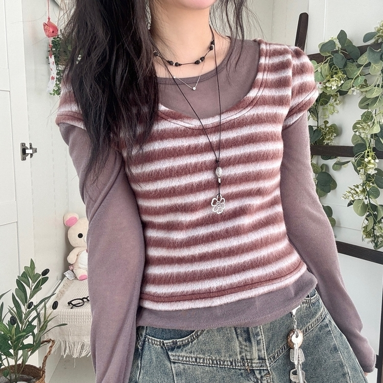 모리걸 앙고라 레이어드 라운드넥 반팔 니트 밤색