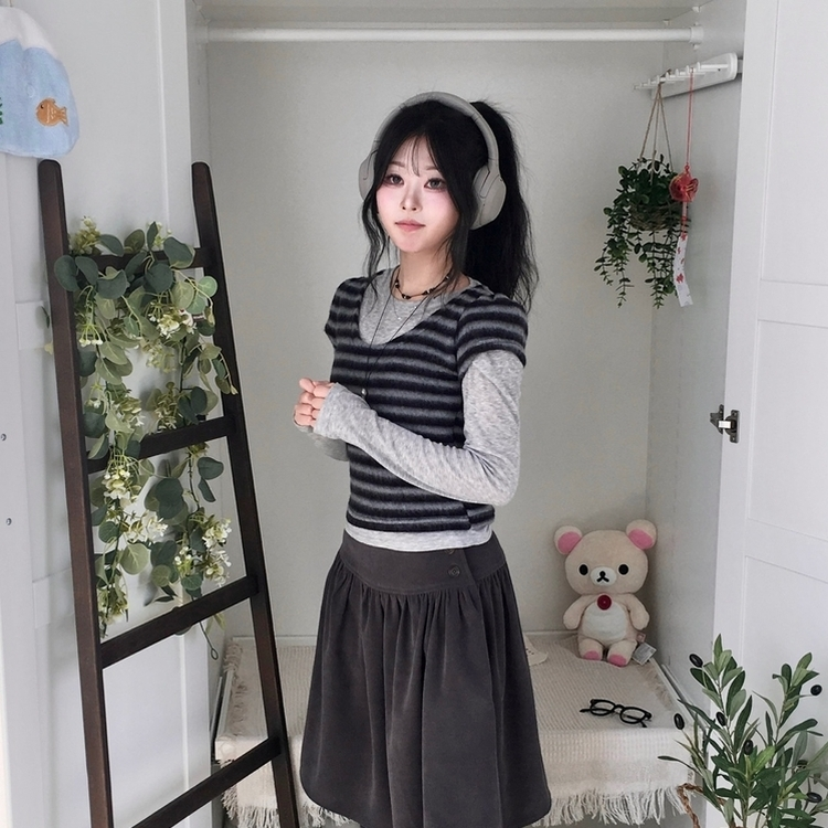 모리걸 앙고라 레이어드 라운드넥 반팔 니트 블랙