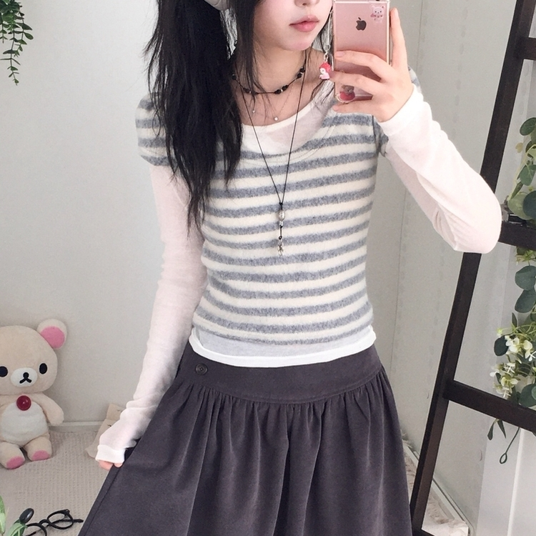 모리걸 앙고라 레이어드 라운드넥 반팔 니트 아이보리