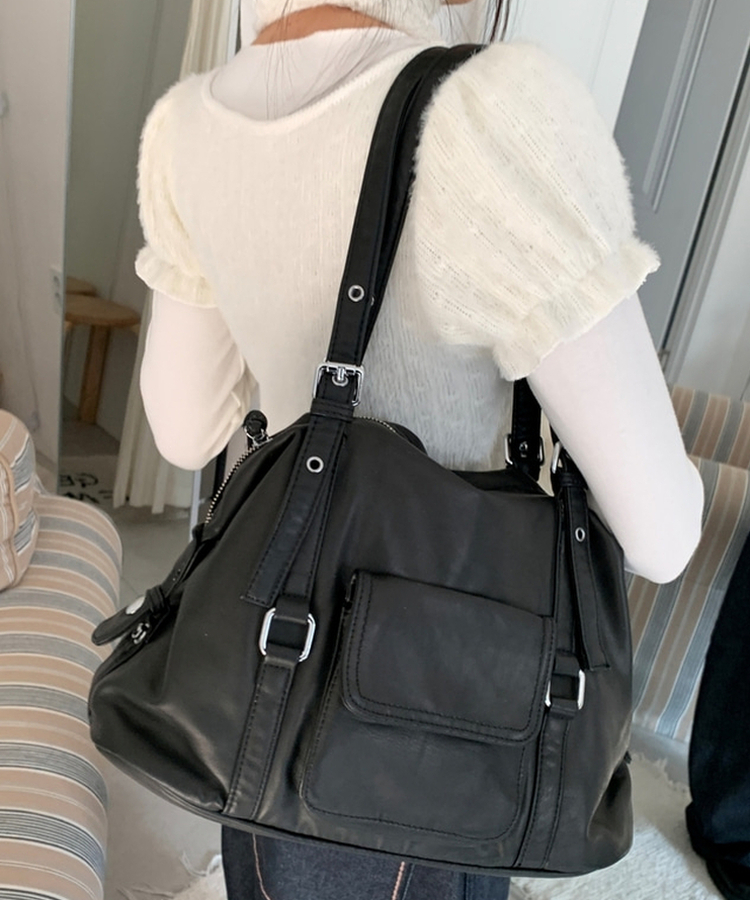 フェイクレザーショルダートートバッグ(5color) BLACK