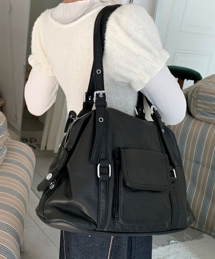 フェイクレザーショルダートートバッグ(5color) BLACK