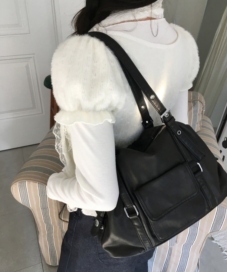 フェイクレザーショルダートートバッグ(5color) BLACK