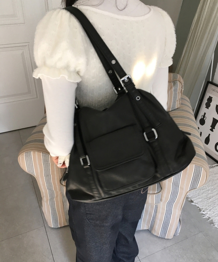 フェイクレザーショルダートートバッグ(5color) BLACK