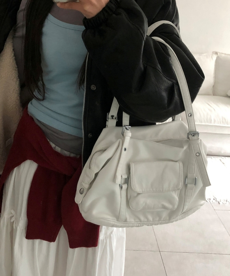 フェイクレザーショルダートートバッグ(5color) WHITE