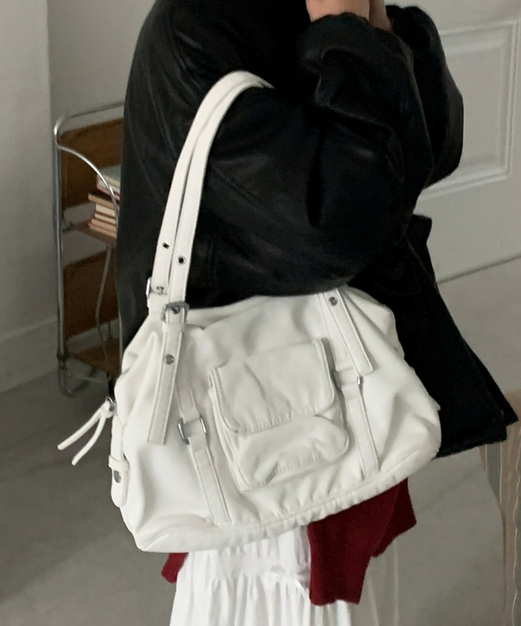 フェイクレザーショルダートートバッグ(5color) WHITE