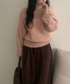 레이니 원오프숄더 긴팔니트 핑크