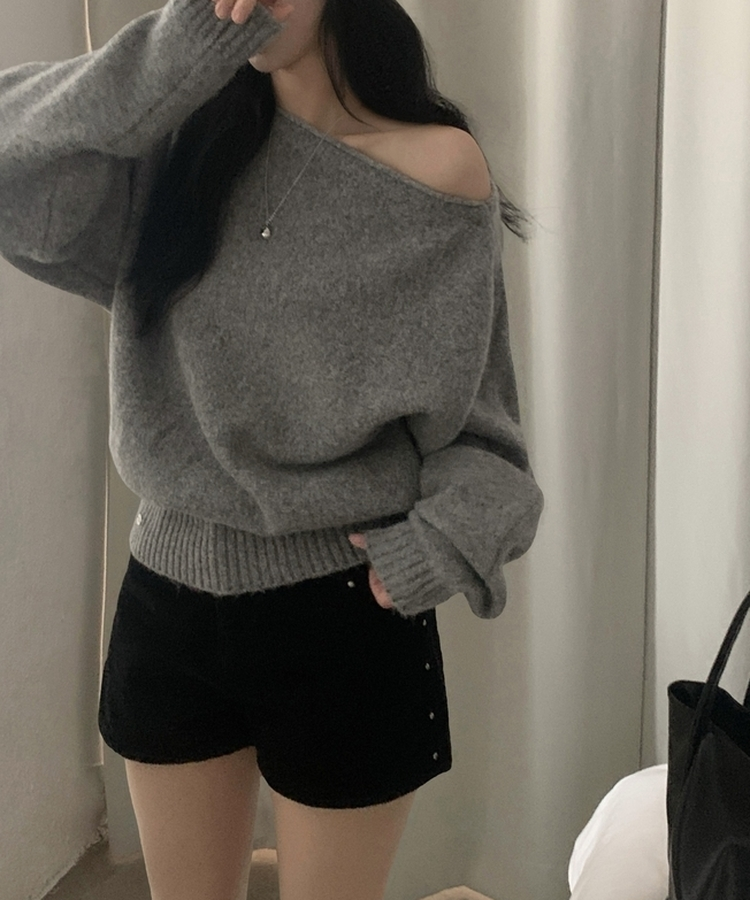 레이니 원오프숄더 긴팔니트 그레이