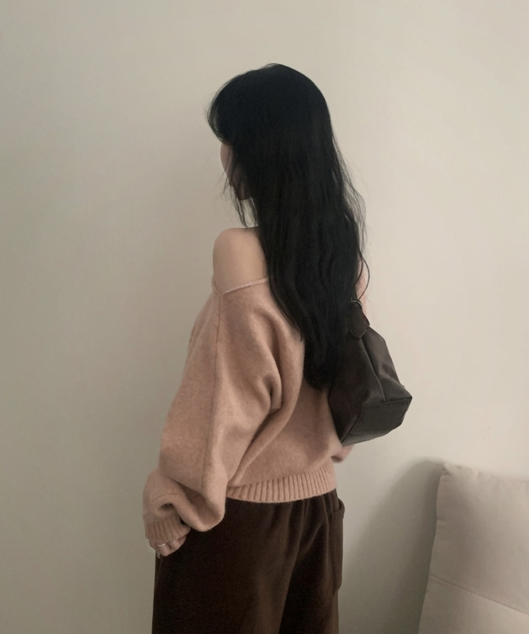 레이니 원오프숄더 긴팔니트 핑크