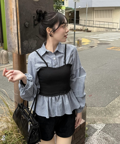 스트라이프 플레어 뷔스티에 셔츠 소라