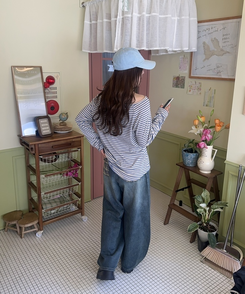 オフショルダーボーダートップス SKY BLUE