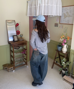 オフショルダーボーダートップス SKY BLUE