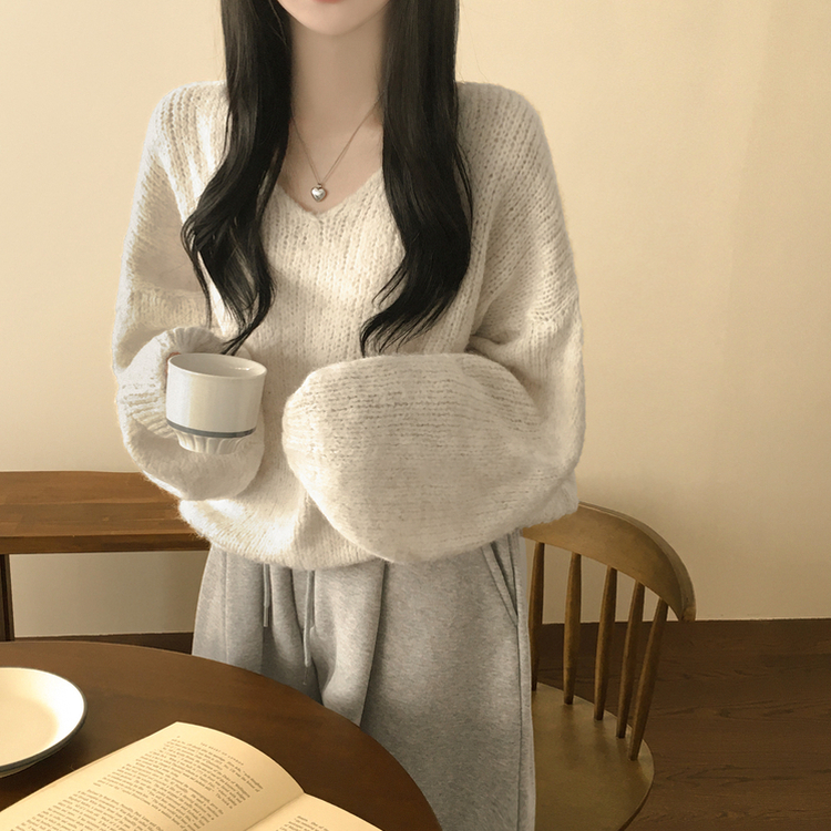 포도색감 오버핏 브이넥 벌룬 아방핏 겨울 봄니트 오트밀