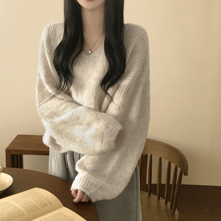 포도색감 오버핏 브이넥 벌룬 아방핏 겨울 봄니트 오트밀