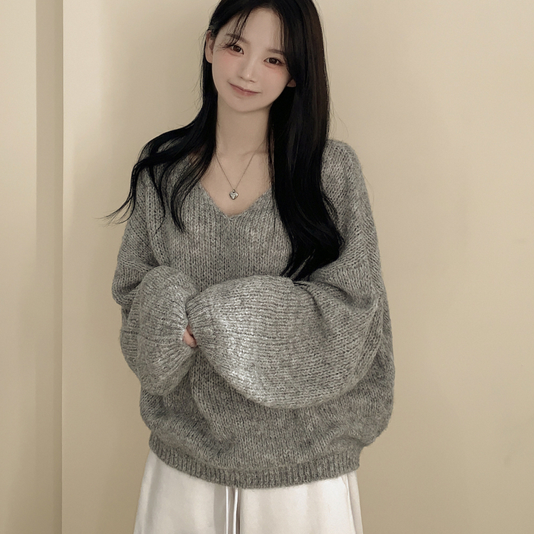 포도색감 오버핏 브이넥 벌룬 아방핏 겨울 봄니트 회색