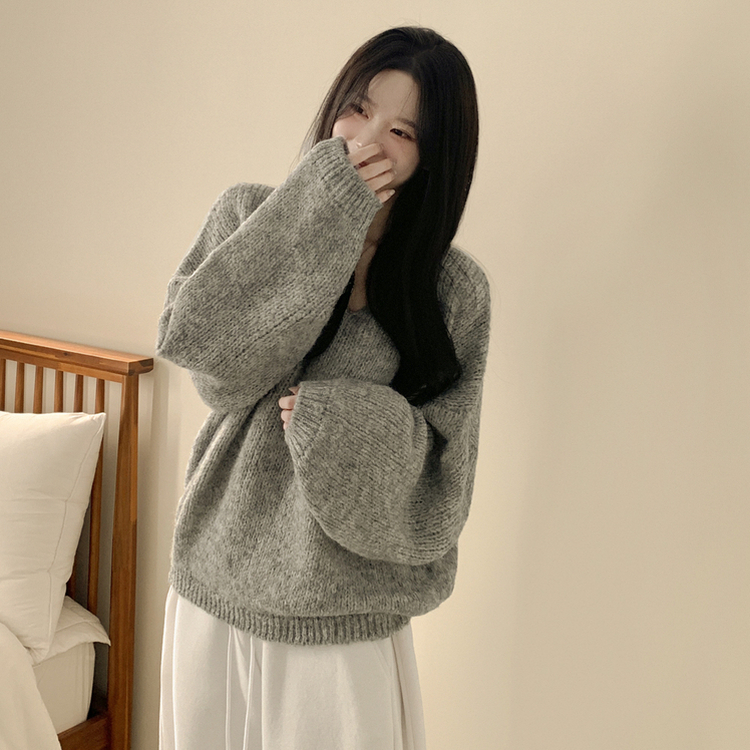 포도색감 오버핏 브이넥 벌룬 아방핏 겨울 봄니트 회색