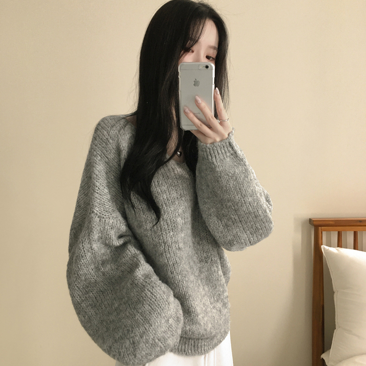 포도색감 오버핏 브이넥 벌룬 아방핏 겨울 봄니트 회색