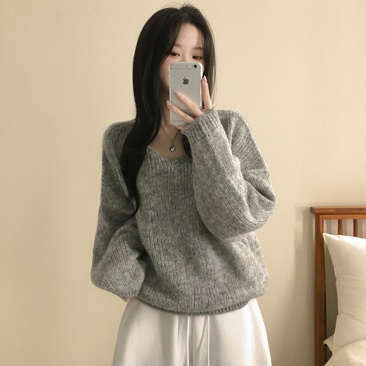 포도색감 오버핏 브이넥 벌룬 아방핏 겨울 봄니트 회색